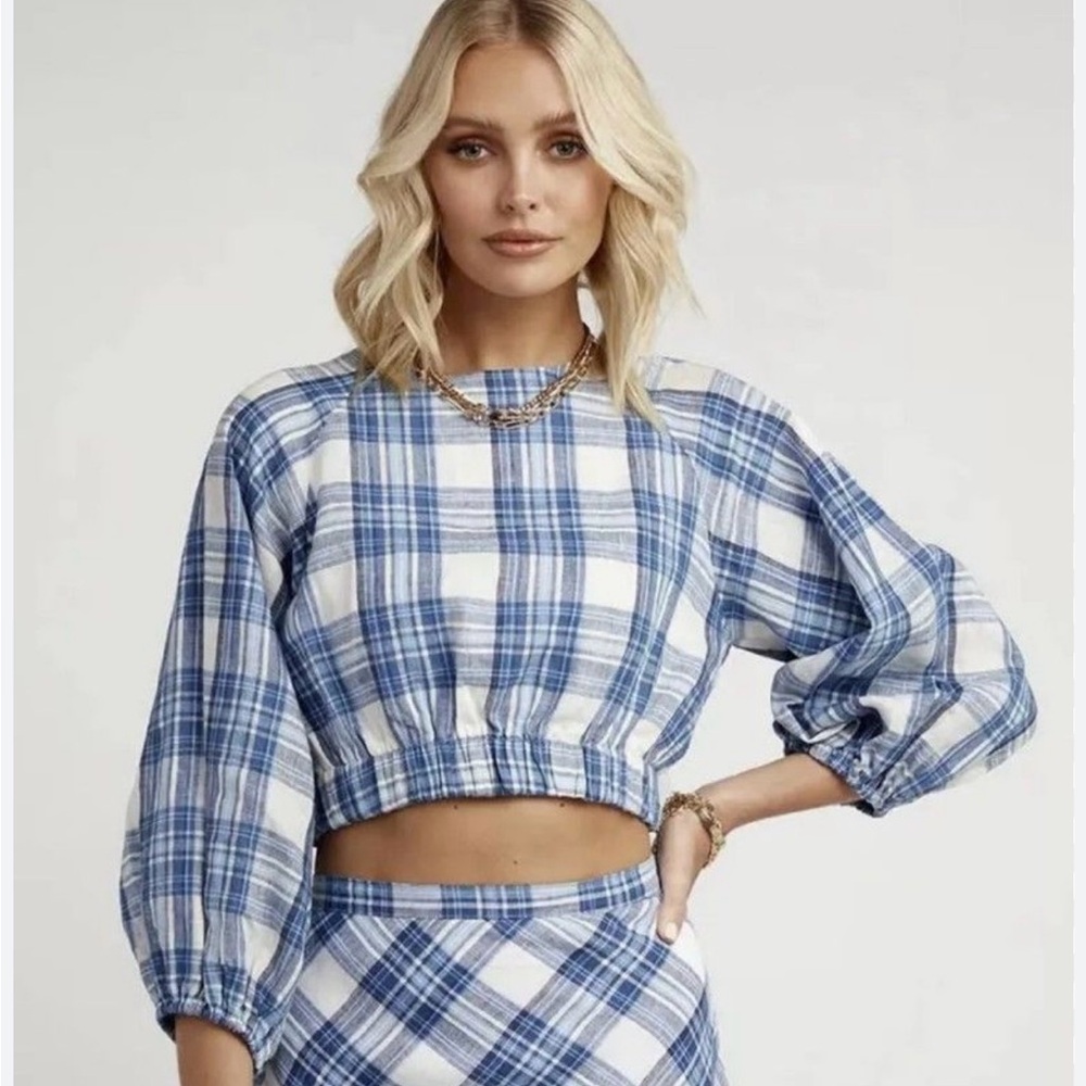 NWOT DISSH AYDEN BLUE PLAID LINEN SLEEVED CROP - 4 / BLUE